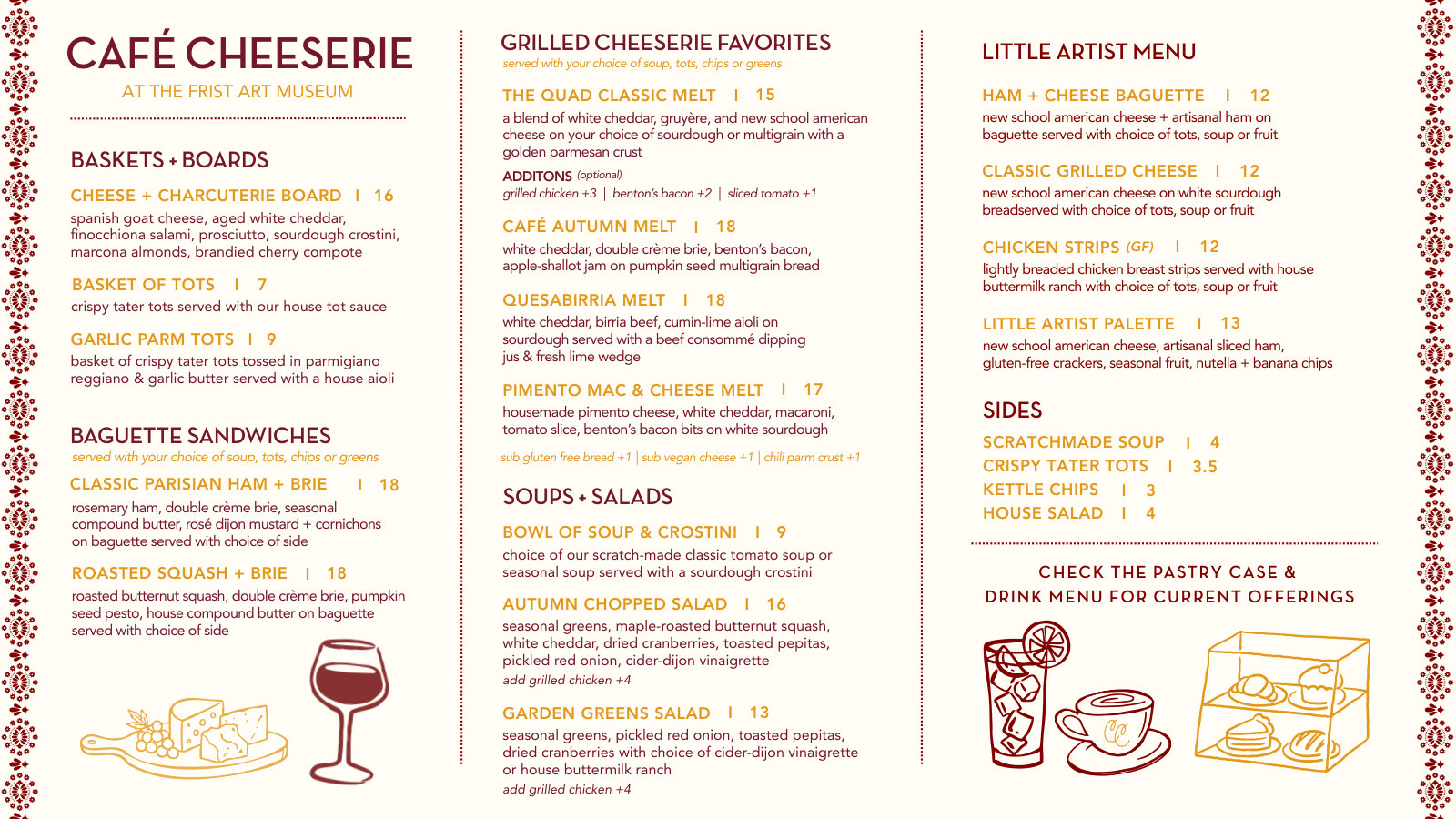 Café Cheeserie Fall 2026 menu — baskets, boards, baguette sandwiches, melts, soups, salads, little artist menu and sides