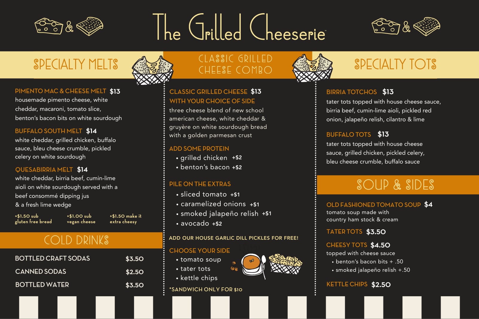The Grilled Cheeserie food truck menu — specialty melts, classic grilled cheese combos, tots, soup and sides